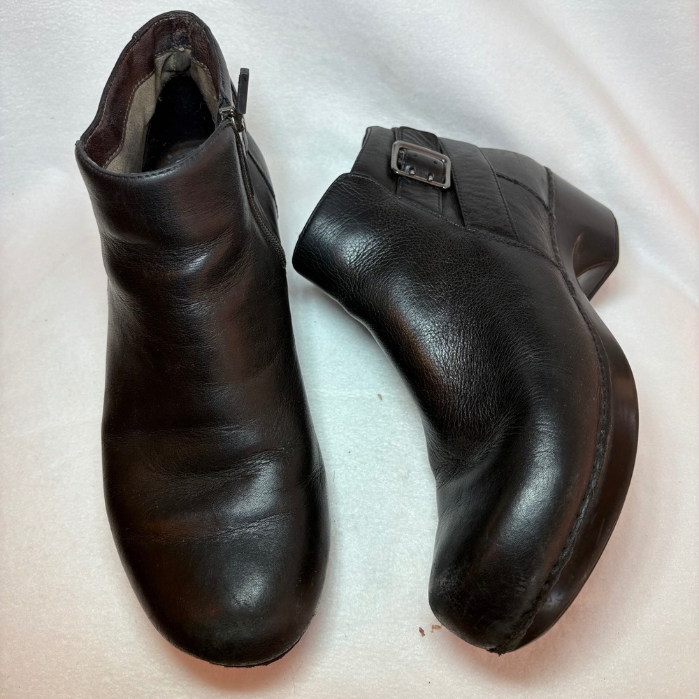 Dansko Black Leather Ankle Boots Buckle Zip Block Heel